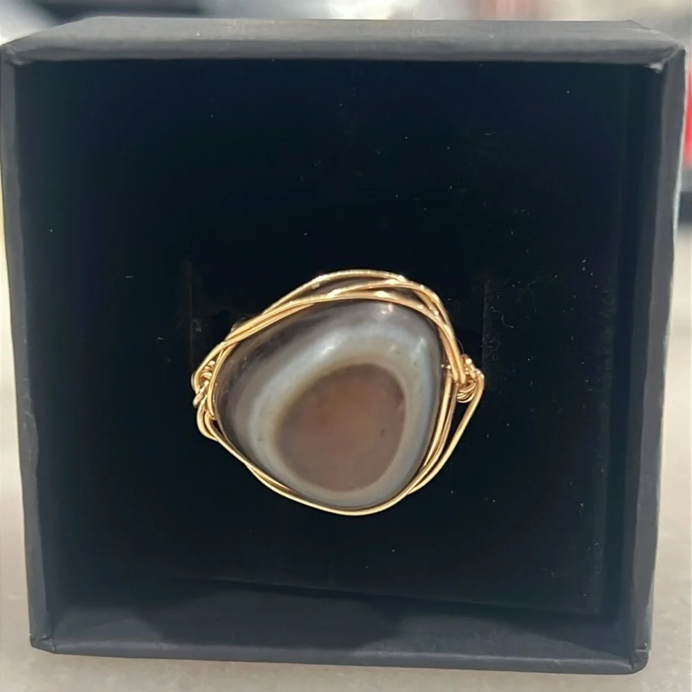 Handmade Eye Agate Adjustable Ring Gold Wire Wrapped Protection Statement Ring